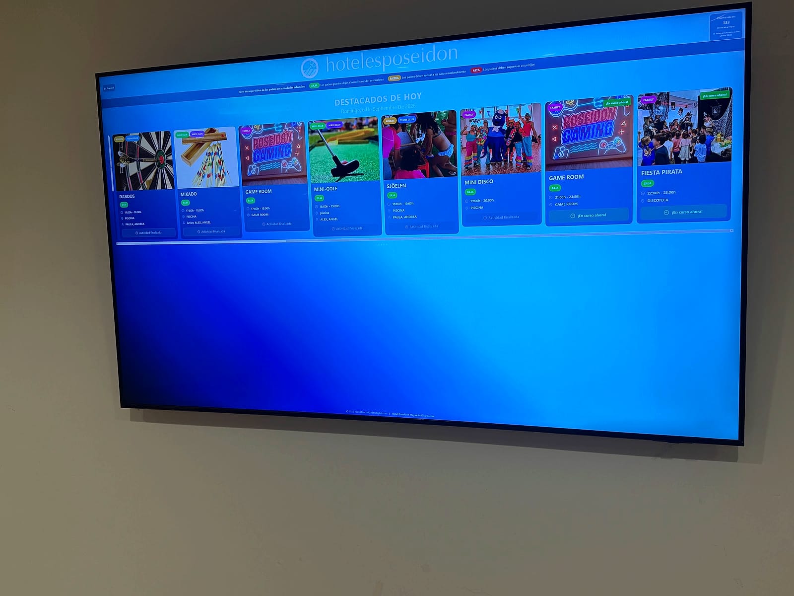 El programa de animación del día en la tele de la habitación del Hotel Playas de Guardamar