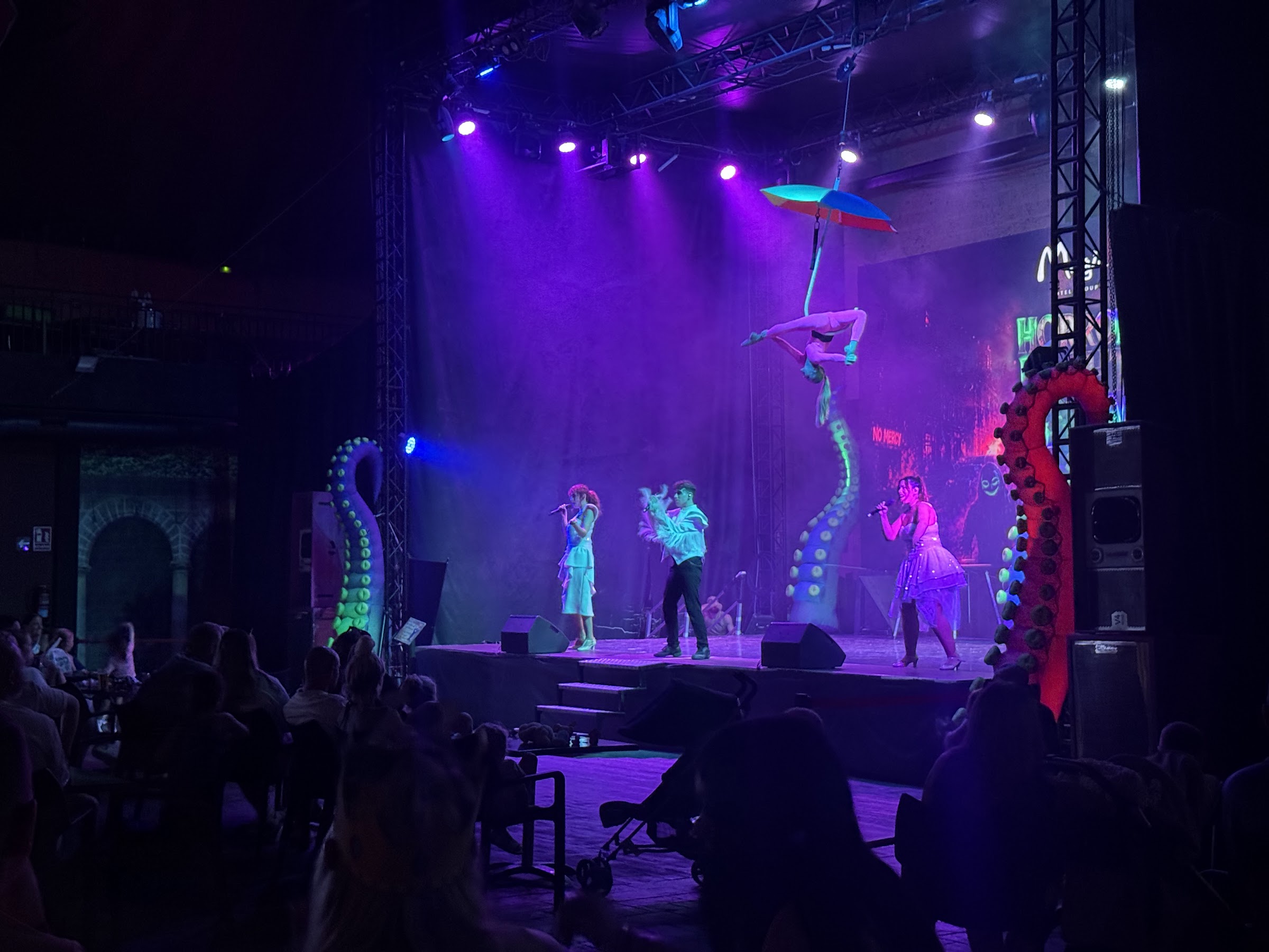 Acróbata colgada de un paraguas y cantantes en el escenario del Magic Robin Hood Resort