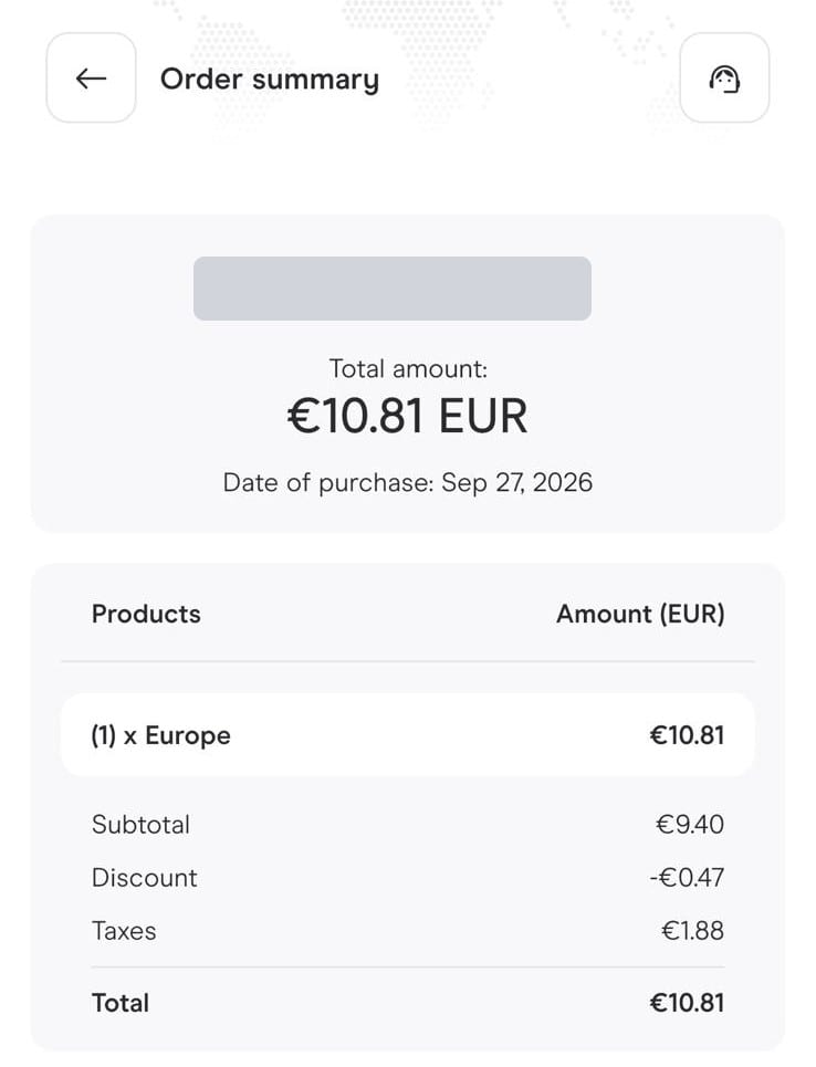 Resumen de pedido de Holafly: eSIM de Europa por 10,81 euros con 0,47 de descuento