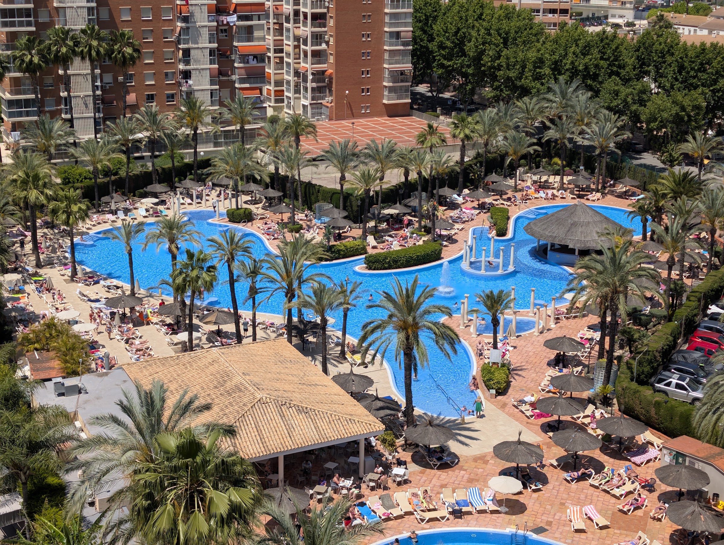 Piscina tipo lago con palmeras y hamacas del Sol Pelícanos Ocas vista desde arriba