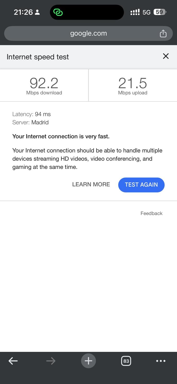 Test de velocidad de Google con Holafly en el aeropuerto de Frankfurt: 92,2 Mbps de bajada y 21,5 de subida contra Madrid