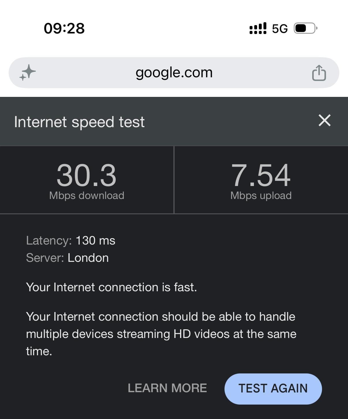 Test de velocidad de Google con Holafly en Croacia: 30,3 Mbps de bajada y 7,54 de subida contra Londres