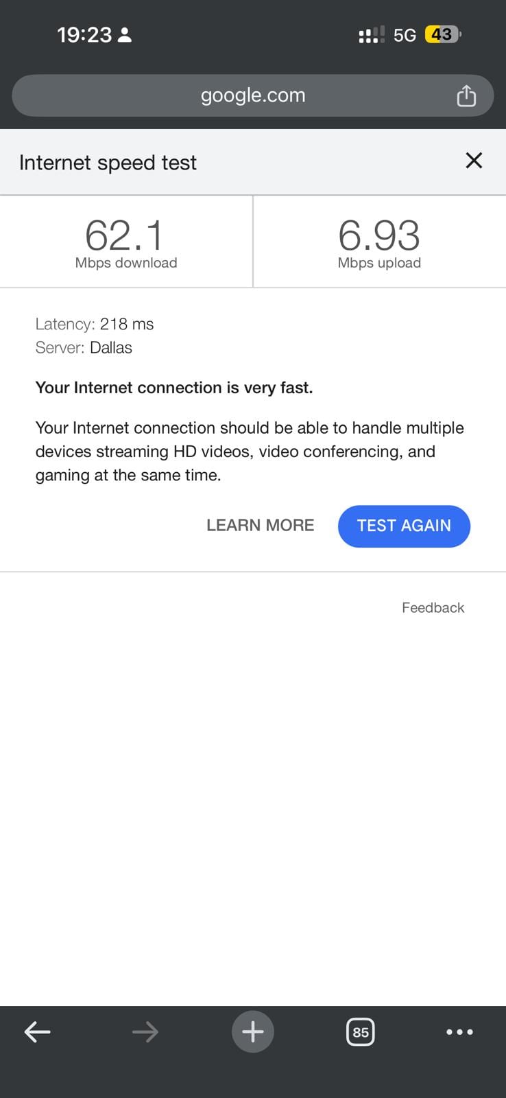 Test de velocidad de Google con Holafly en Varsovia: 62,1 Mbps de bajada, 6,93 de subida y 218 ms contra Dallas