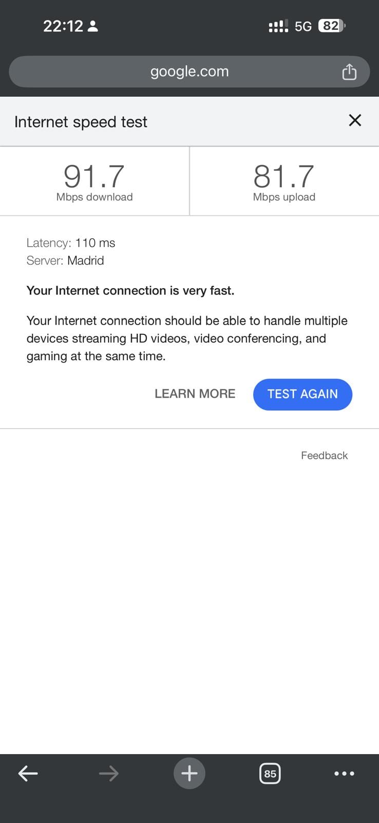 Test de velocidad de Google con Holafly en Varsovia: 91,7 Mbps de bajada y 81,7 de subida contra Madrid